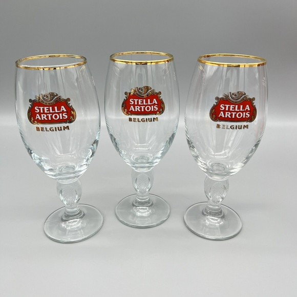 Stella Artois Chalice Beer Glasses Gold Rim 33cl  Set of 3 Barware Man Cave EUC - Picture 1 of 10